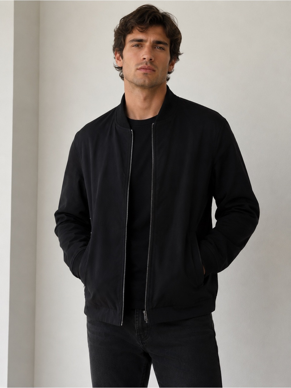 Banana Republic Black Men's Lightweight Bomber Jacket with Zip Front Size L